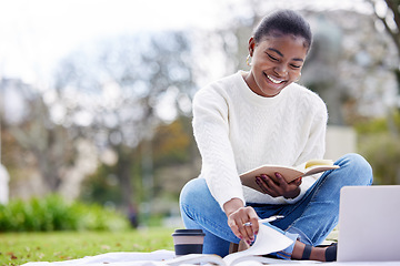 Image showing Woman, reading and laptop in the outdoor at college for an education in africa with books. Female student, university and tech with a notebook at the park for knowledge and research for phd.