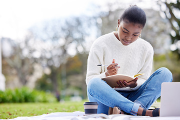 Image showing Female student, laptop and writing in notebook at park for college with knowledge in a close up. Woman, studying and book with tech in the outdoor for an education at university with learning.
