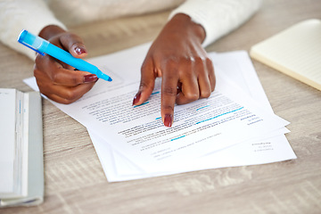 Image showing Closeup, hands and black woman with documents, notes and lawyer checking contract, highlight and reading. Zoom, female person or employee with paperwork, learning and agreement with deal and feedback