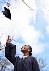 Image showing Success, graduation and a black woman throwing a hat for education achievement at a college. Happy, university and an African student or graduate with a cap in the air on a campus to celebrate