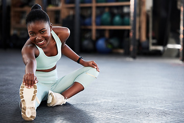 Image showing Fitness, portrait or girl stretching legs for gym workout routine or body movement for wellness. Happy, athlete or healthy black woman smiling in exercise training warm up for flexibility or mobility