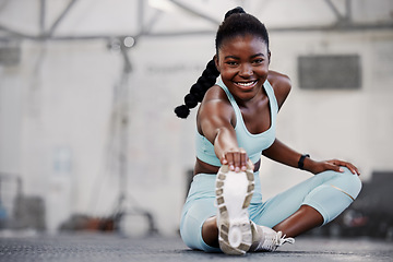Image showing Gym, portrait or black woman stretching legs for workout routine or body movement for active fitness. Happy, athlete or healthy girl smiling in exercise training warm up for flexibility or mobility