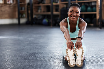 Image showing Fitness, portrait or happy girl stretching legs for gym workout routine or body movement for wellness. Athlete or healthy black woman smiling in exercise training warm up for flexibility or mobility