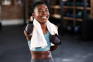 Image showing Gym, portrait or happy black woman with thumbs up in fitness training with positive mindset or motivation. Encouragement, workout or excited personal trainer with like hand sign, support or thumb up