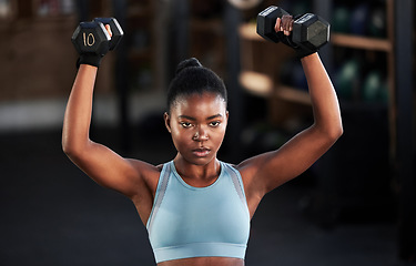 Image showing Gym, dumbbells or strong black woman training, exercise or workout for powerful arms or muscles. Wellness, health or African girl lifting weights or exercising shoulders with energy in fitness studio