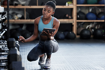 Image showing Girl, inspection or personal trainer with a tablet for fitness training dumbbells or workout tools for exercise. Black woman, digital or African manager checking gym equipment, weights or inventory