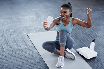 Image showing Gym, flexing or happy black woman taking selfie on workout, exercise or training break on social media. Wellness, smile or healthy African girl relaxing or taking pictures for online fitness content