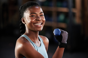 Image showing Fitness portrait, dumbbell or happy black woman training, exercise or workout for powerful arms or muscles. Smile, face or African girl lifting dumbbells, weights or exercising biceps in gym studio