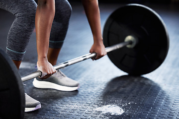 Image showing Woman, barbell or hands of bodybuilder for deadlift workout, fitness exercise or strength training with powder. Powerlifting closeup or girl sports athlete weightlifting with chalk dust on gym floor