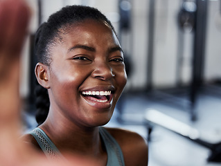 Image showing Gym, portrait or black woman laughing in selfie on workout, exercise or training break on social media. Funny influencer, face or happy African girl smiling for pictures or online fitness content