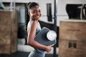 Image showing Gym, portrait or happy black woman with scale after body training or fitness workout to lose weight. Wellness, personal trainer or African girl athlete in health club for exercising progress results