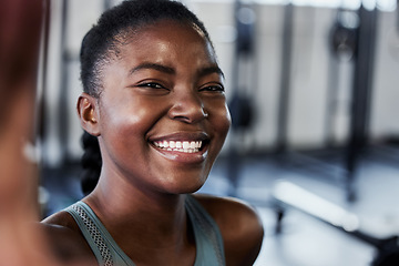 Image showing Gym, portrait or black woman with smile in selfie on workout, exercise or training break on social media. Funny influencer, face or happy African girl smiling for pictures or online fitness content