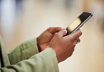 Image showing Woman, hands and phone screen typing in social media for communication, web or networking on mockup. Hand of female person on mobile smartphone app for online chatting or texting on mock up display