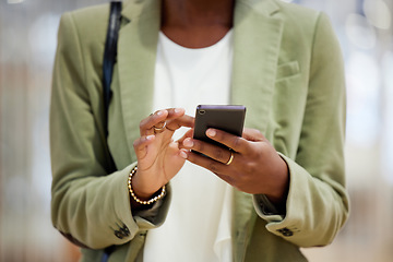 Image showing Woman, hands and phone in communication, social media or texting in online networking or app at office. Hand of female person typing or chatting on mobile smartphone or browsing internet at workplace