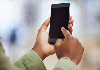 Image showing Woman, hands and phone mockup typing in social media for communication, web or networking. Hand of female person on mobile smartphone app for online chatting or texting on mock up screen or display