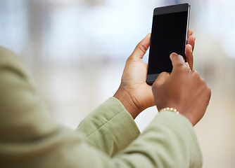 Image showing Woman, hands and phone mockup screen for communication, social media or online networking indoors. Hand of female person on mobile smartphone app for chatting, browsing or texting on mock up display