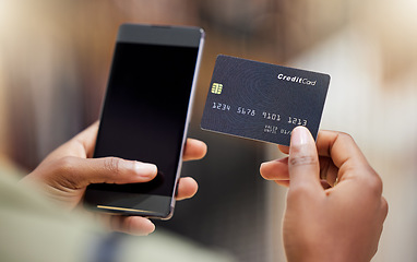 Image showing Woman, hands and phone with credit card for payment, online banking or shopping on mockup screen. Hand of female person on mobile smartphone for bank app, ecommerce or purchase on mock up display