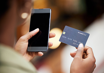 Image showing Hands, credit card and phone for online shopping, woman or blank screen for discount, sale or deal. Girl, smartphone and fintech for payment, retail ecommerce and cybersecurity for safety on internet