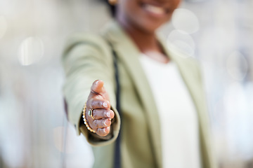 Image showing Business woman, handshake and welcome for hiring, introduction or b2b agreement in meeting or deal at the office. Hand of female person or employee shaking hands for recruiting, greeting or thank you