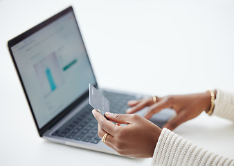 Image showing Woman, hands and laptop with credit card for ecommerce, payment or finance on website mockup. Hand of female person or shopper on computer for banking app, purchase or online shopping at workplace