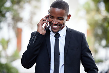 Image showing Black man, business and smile on street, phone call and talking on walk for contact, chat or good deal. Happy african businessman, smartphone and talk for networking, sales or stock trading on road