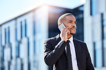 Image showing Black man, business phone call and listening in street with contact, chat and focus on career vision. Young african businessman, smartphone and talk for networking, sales or financial trading on road