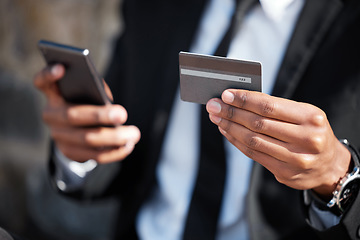 Image showing Hands, phone and a credit card for an online payment, shopping or ecommerce. Contact, finance and closeup of a businessman on a mobile app for banking, investing money and paying on the internet