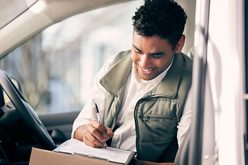 Image showing Delivery man, checklist and working on a box in the van, courier service or portrait of employee shipping package. Person, supplier or writing with clipboard, list and logistics of products