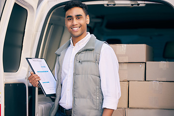 Image showing Delivery man, box and working with a checklist in the van, courier service or portrait of employee shipping package. Person, supplier or writing with clipboard, list and logistics of products