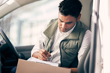 Image showing Delivery man, box and working with a checklist in the van, courier service or employee shipping ecommerce package. Person, stock supplier or writing with clipboard, list and logistics of products