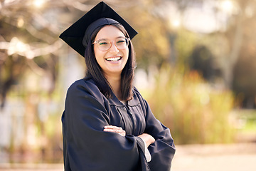 Image showing Success, portrait of woman student and on graduation day at her university outdoors. Achievement or graduate, happiness or celebration and female person happy for college education with smile