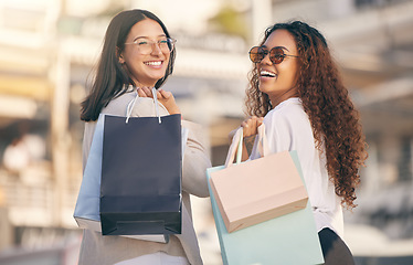 Image showing Portrait, retail and women with bags, city or consumer choice with boutique items, fashion or smile. Face, female clients or customers with discount, sale or discount with luxury products or shopping