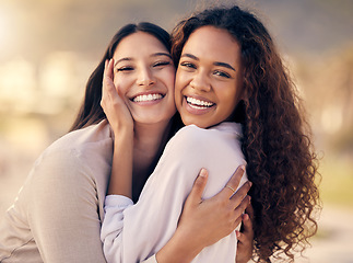 Image showing Portrait, lesbian and women outdoor, hug and love with a smile, freedom and sexuality with romance. Face, couple and girls embrace, lgbtq relationship and romantic with support, loving and bonding