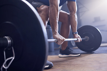 Image showing Gym, man and fitness with deadlift at the gym for a workout with close up for training with healthy body. Weightlifting, male trainer and club with strong muscles and hands for sport with equipment.