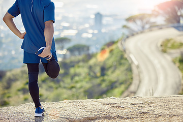 Image showing Man, legs and stretching with fitness and running outdoor, mockup space and start workout for cardio and health. Road, sun and male runner on hill, sports and warm up for run, exercise and training