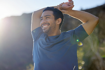 Image showing Exercise, thinking and stretching with a man runner outdoor in the mountains for a cardio or endurance workout. Fitness, sports and idea with a young male athlete getting ready for a run in nature