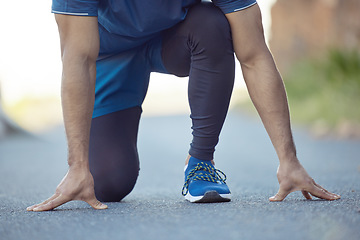 Image showing Man, start running and fitness outdoor, cardio and health with exercise in road, athlete hands and active life. Sport, running sneakers and male person ready for workout with run and training outside