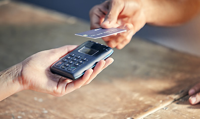 Image showing Closeup, hands of person with credit card and wireless pay machine for payment. Subscription or cashier, digital transaction or promotion and customer paying membership with bank information