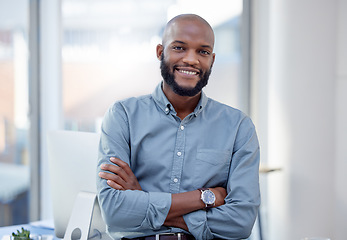 Image showing Professional, man and portrait with arm at office is confident and happy with career as an entrepreneur. Businessman, face and smile at a company for leadership and success at a startup with expert.
