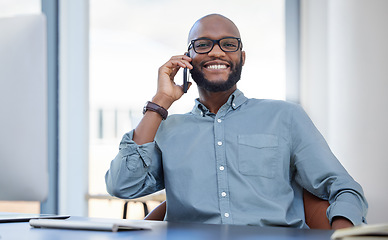 Image showing Smile, portrait of a businessman with cellphone and on a phone call in his workplace office. Online communication, happy and African man with smartphone talking at his modern workspace at desk