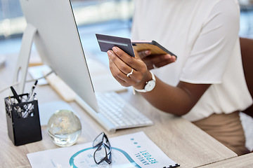 Image showing Hands, phone or businesswoman with credit card for money investment on financial digital fintech in office. Mobile app, ecommerce payment or female employee typing banking data for online shopping