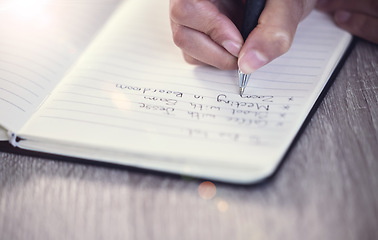 Image showing Hands, notebook and writing notes, planning and schedule in office workplace. Hand, book and business woman write for reminder, list and information of receptionist or secretary with journal on desk.