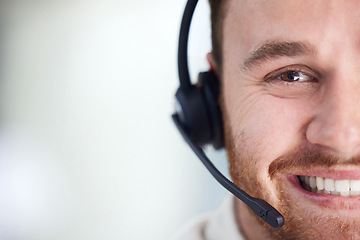 Image showing Space, call center and portrait of business man for consulting, customer service and mockup. Contact us, help desk and closeup with face of employee in office for communication and telemarketing