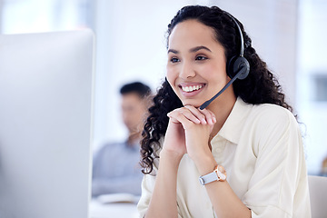 Image showing Smile, call center and business woman on computer for telemarketing, customer service and support. Contact us, crm and female sales agent, professional or consultant listening for help desk advisory