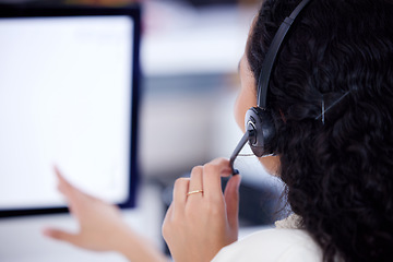 Image showing Back, call center and business woman on computer for telemarketing, customer service and mockup screen. Contact us, crm and female sales agent, professional or consultant listening with microphone.