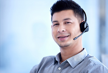 Image showing Portrait, call center and business man smile for telemarketing, customer service and support mockup. Contact us, face and male sales agent, crm professional and consultant from Brazil with job pride.