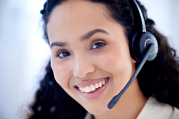 Image showing Face, call center and woman smile for telemarketing, customer service and support. Contact us, portrait and female sales agent, crm professional and consultant from Brazil with pride for business.