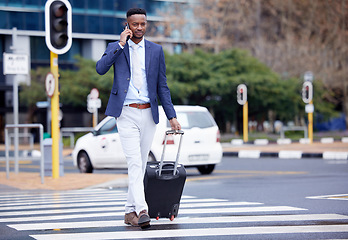 Image showing Travel, phone call and suitcase with black man in city for business trip, communication and networking. Journey, flight and luggage with male employee in street for contact, social media and mobile