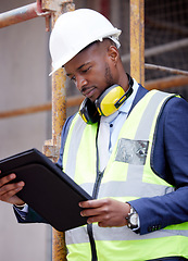 Image showing Tablet, architecture and inspection with black man on construction site for engineering, building or designer. Maintenance, project and technology with contractor for planning and city infrastructure