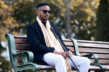 Image showing Blind black man, park and sitting with sunglasses, walking stick and relax by trees, peace and thinking. African guy, vintage fashion and young person with disability, glasses and travel in nature